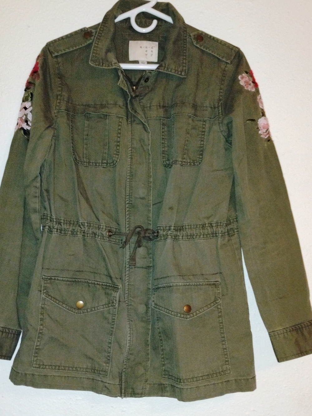 a new day Olive Green Utility Jacket with Floral Embroidery